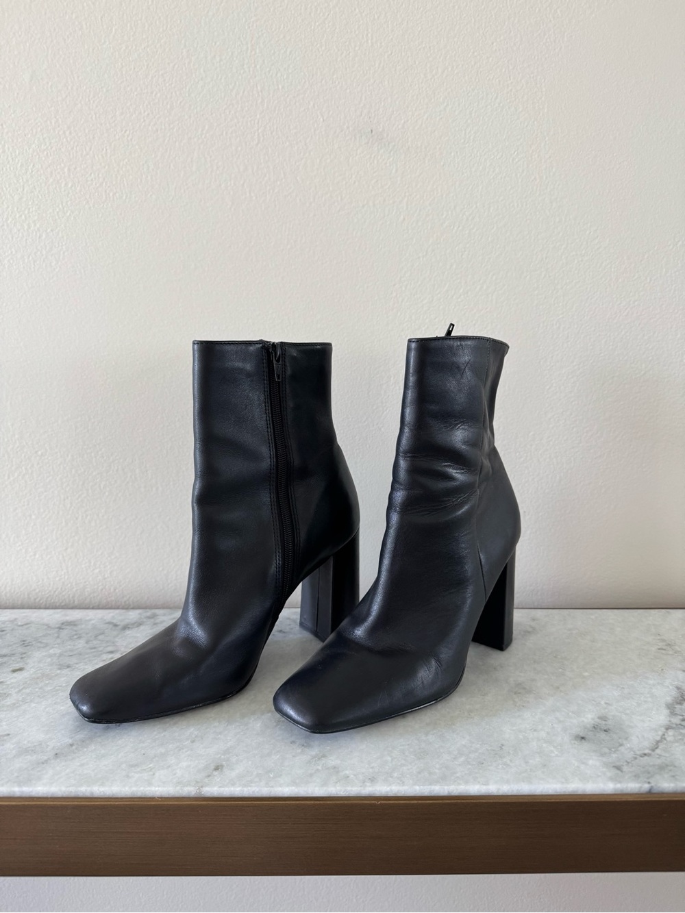 Steve Madden Black Leather Square-Toe Block Heel Ankle Boots
